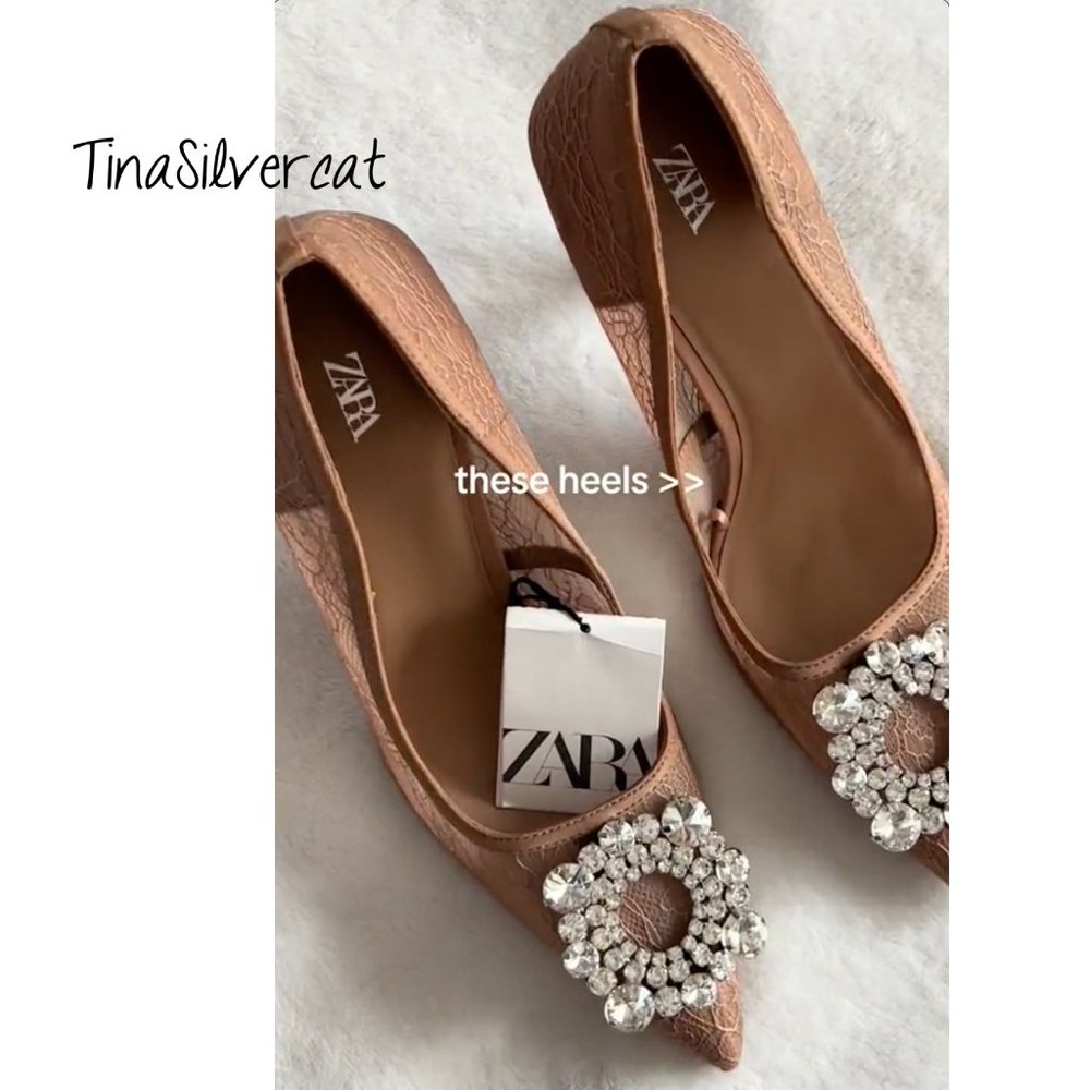 Zara Beige Lace Embellished High Heeled Shoes Sz 10 NWT - Picture 13 of 14